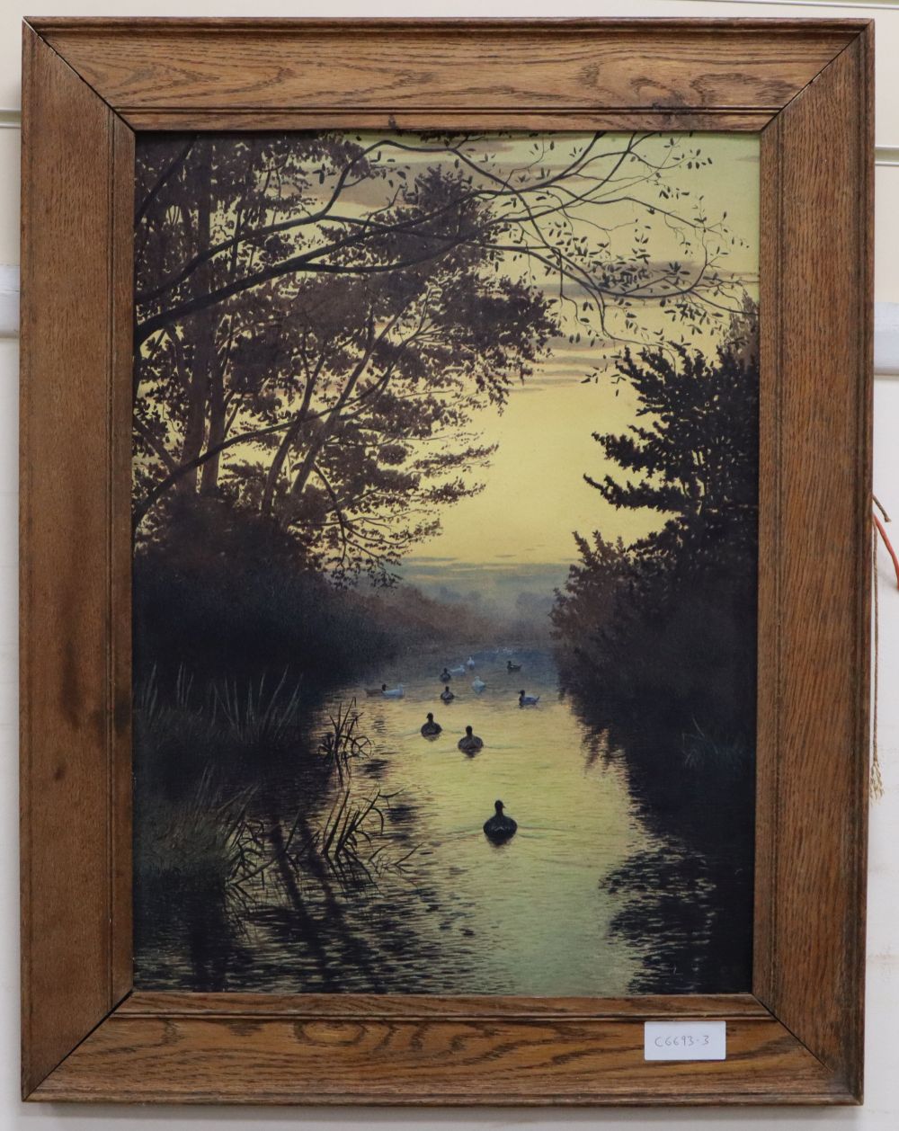E.R. circa 1910, watercolour, Ducks on the river at sunset, initialled, 54 x 39cm